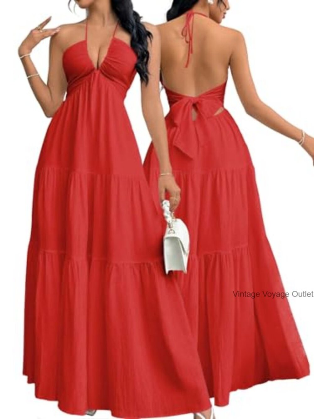 Maxi Summer Dress Halter Neck V-Neck A-Line Backless Vacation